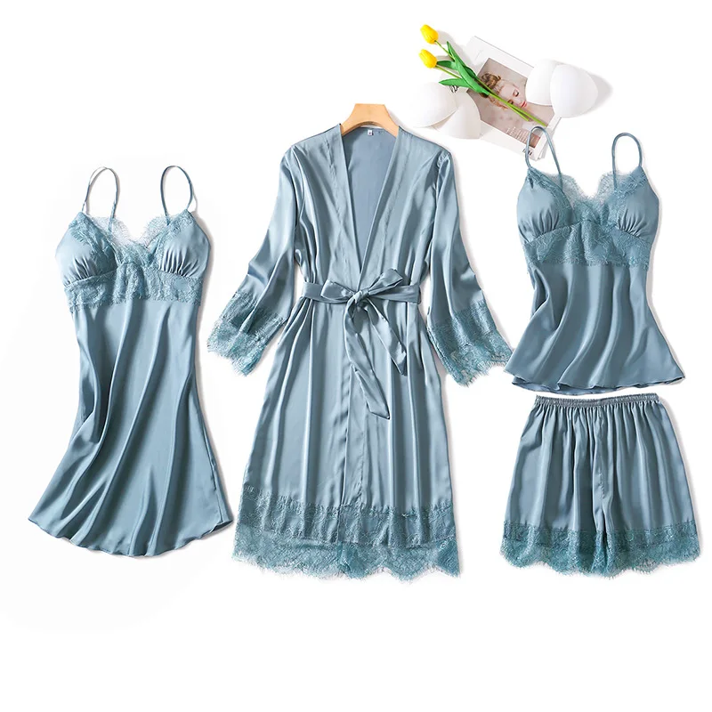 

Spring Sexy Lace Trim Stain 4/3/2/1 Women Pajamas Faux Silk Nightwear Gown Robe Sleepwear With Chest Pads Homewear