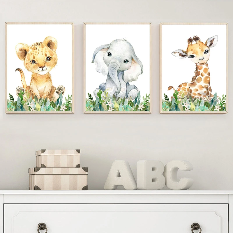 

Cute Cartoon Animals Posters and Prints Plant Zebra Elephant Giraffe Canvas Paintings Nursery Pictures Children Room Wall Decor