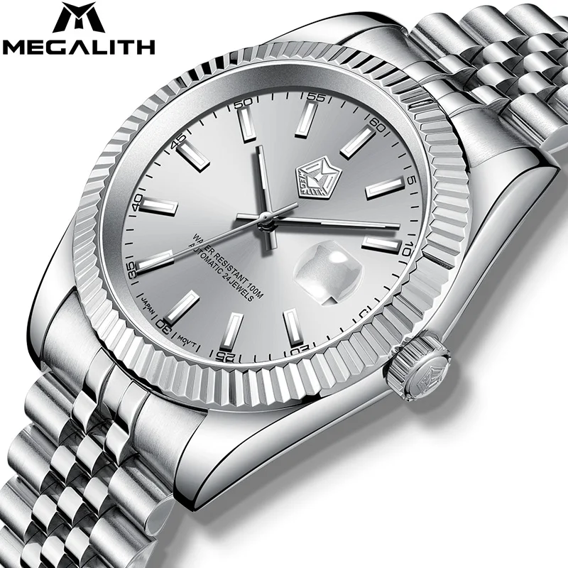 

MEGALITH Automatical Mechanical Watches Men Fashion Brand Waterproof Stainless Steel Silver Watches Clock Man Relogio Masculino