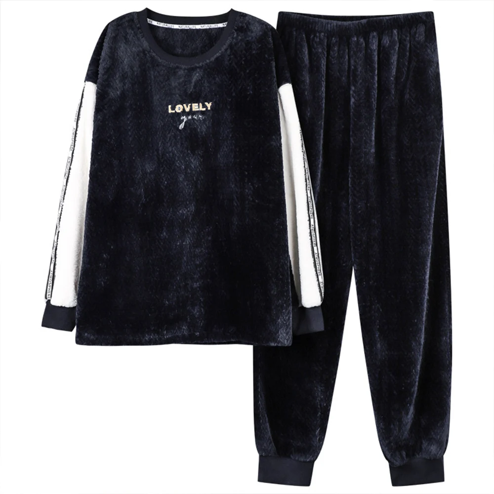 Soft Coral Fleece Pajama Sets For Men Warm Velvet Thick Sleepwear Suit Cozy Long Sleeve Pyjamas+Elastic Waist Pants With Pockets