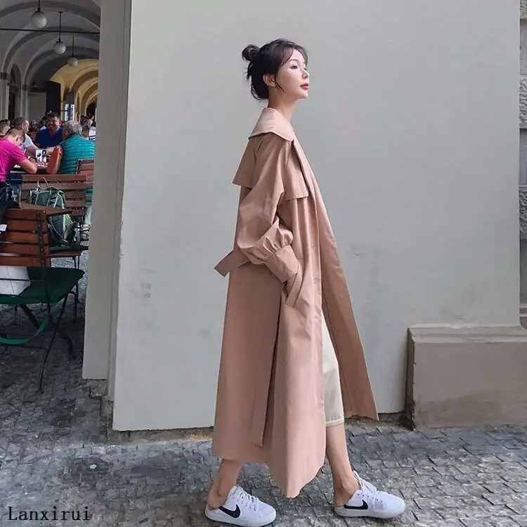 

Trench coat female spring autumn long slim women's windbreaker coat Korean version light color women trench coat