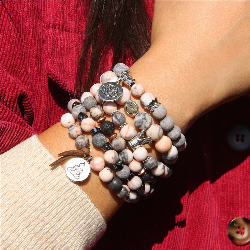 

Women Healing reiki lucky Natural Pink Zebra jaspers stone beads bracelet for female pink jewelry gifts Wholesale Dropshipping