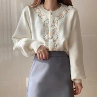 cardigan women 2020 flower embroidery knitted cardigans korean chic single breasted long sleeve sweaters sweet o neck soft