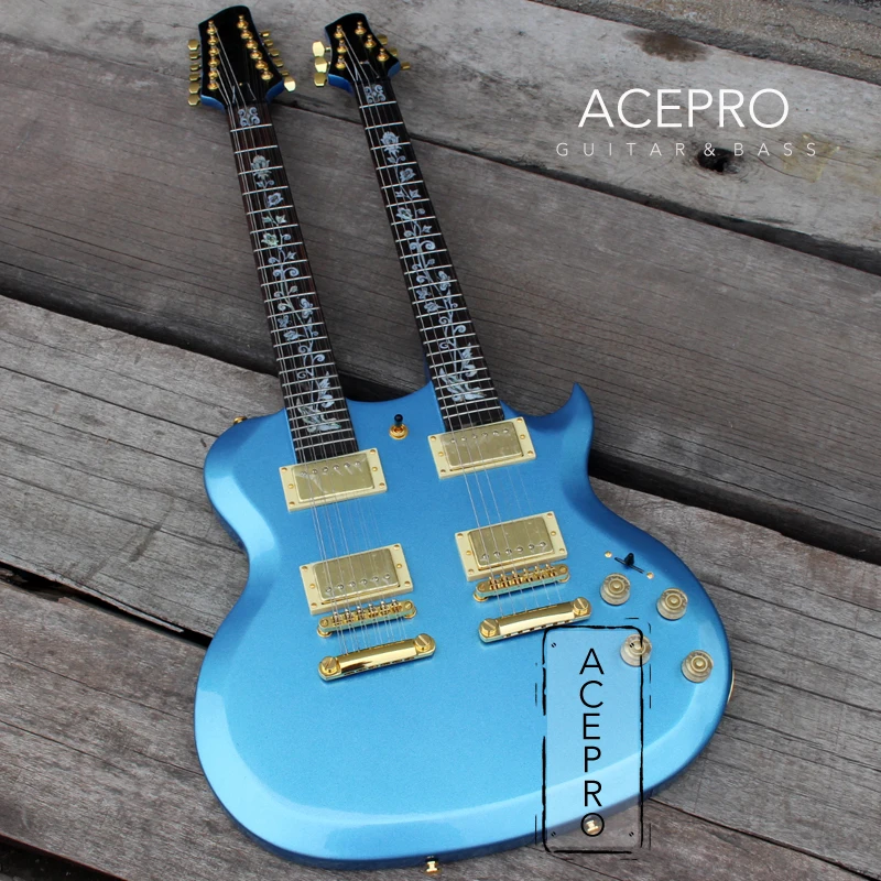 Винно-красная электрическая гитара Acepro с двойной шеей и корпусом из липы резная