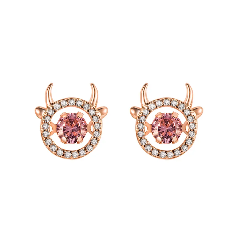 

Cute Rose Gold Color Small Ox Horn Round Zircon Stud Earrings Twelve Zodiac Signs Year of The Ox Jewelry Girls Earrings Gifts