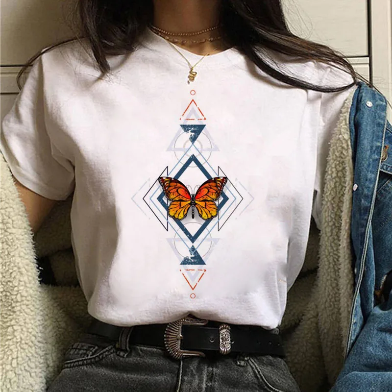 

Женская футболка Harajuku, летняя футболка с круглым вырезом и коротким рукавом, с рисунком бабочек