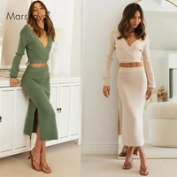 knitted skirt sets green long sleeve crop top and side split skirts v neck lacing dress suits office lady fashion sweater sets