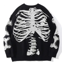 2021 autumn cotton pullover unisex men oversized sweater black loose skeleton bone print women vintage retro knitted sweater