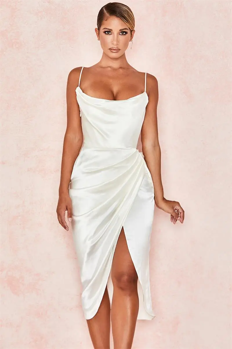 Новинка лета 2020 плиссированное платье на бретельках с разрезом и асимметричной