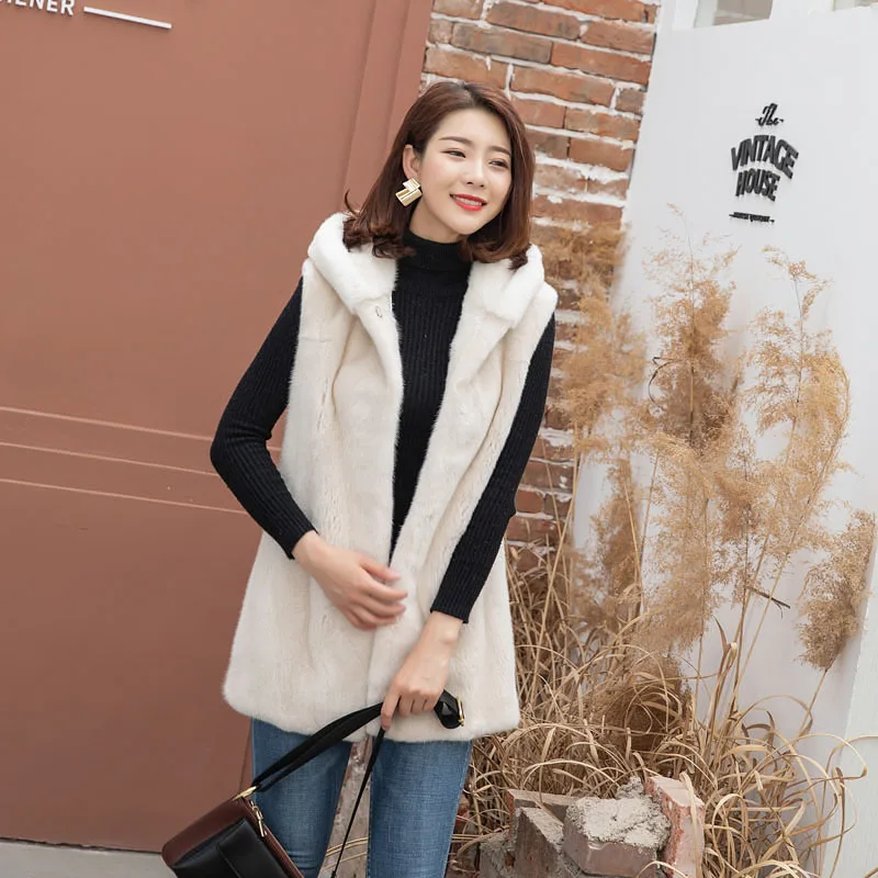 Pearl white color Натуральная норка меховой жилет пальто с капюшоном женская Норковая меховая верхняя одежда - Цвет: Pearl white color