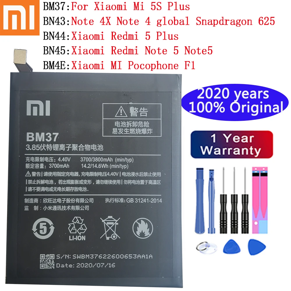 2020 лет 100% xiaomi Оригинальный аккумулятор для Xiaomi Mi 5S Plus Note 4X 4 625 Redmi 5 Note5 MI Pocophone F1