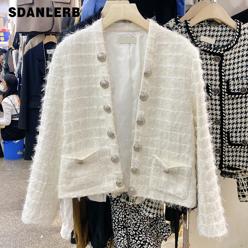 

Женский твидовый Кардиган с длинным рукавом, двубортный однотонный жакет во французском стиле, элегантная одежда для женщин на осень 2021