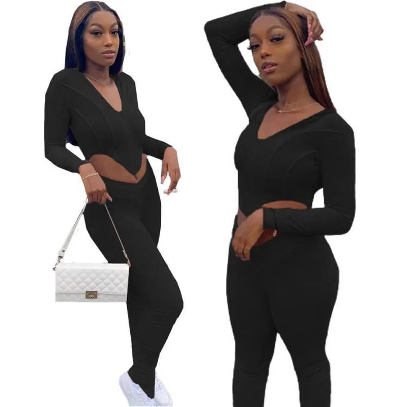 

Activewear Lucky Label Embroidery Ribbed Women's Set Sweater Tops Legging Pant Set Tracksuit Fitness Two Piece Outfits