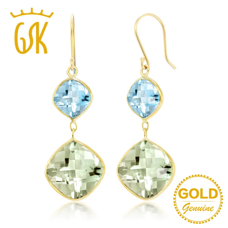GemStoneKing 18 00 Ct натуральный зеленый аметист и голубой топаз 14K желтое золото висячие