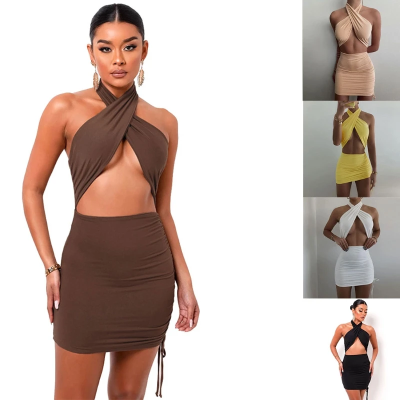 

Women Summer Sexy Criss Cross Halter Bodycon Mini Dress Solid Color Cut Out Backless Ruched Side Drawstring Sleeveless Party