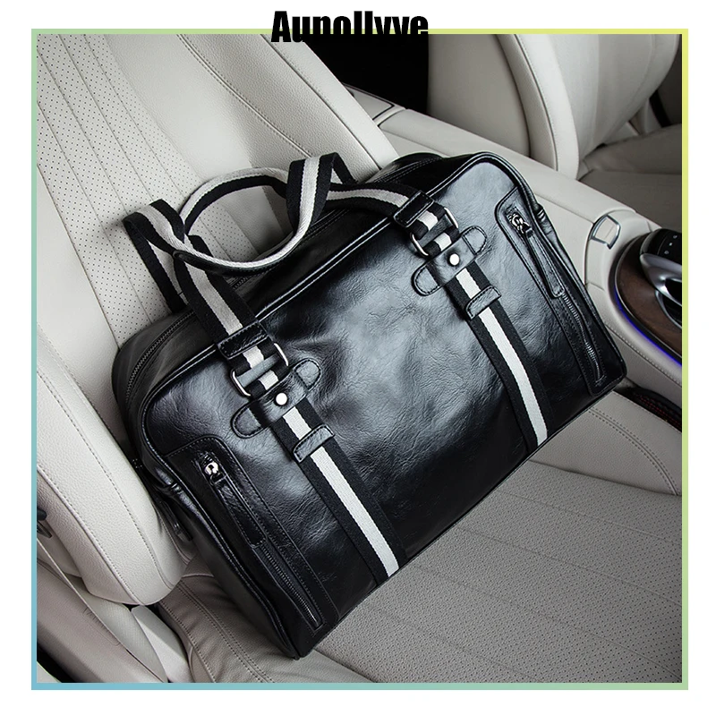 

Men's Luxury PU Leather Travel Bag Large Capacity Hand Luggage Bags Male Duffel Handbags Tote Stripe Big Weekend Bags Travelling