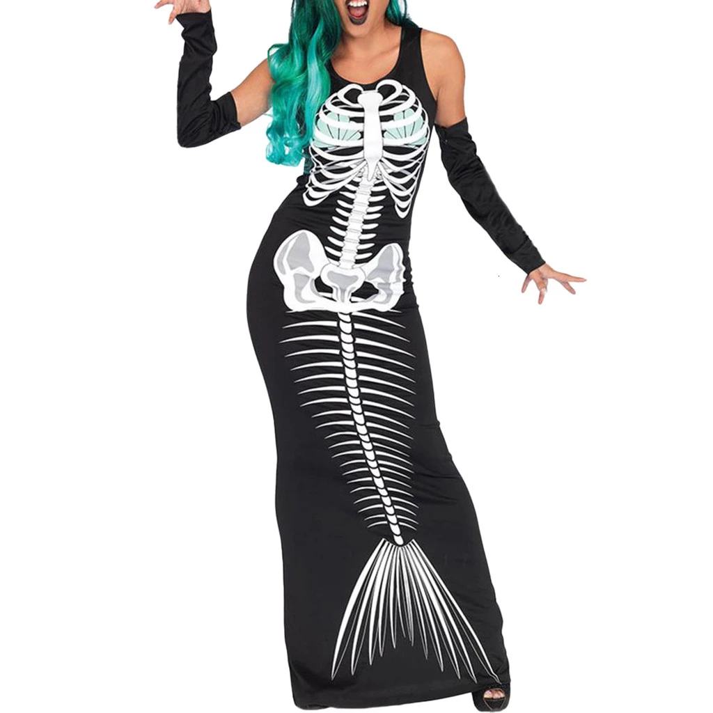 Модное женское платье на Хэллоуин карнавальный костюм с принтом черепа длинное
