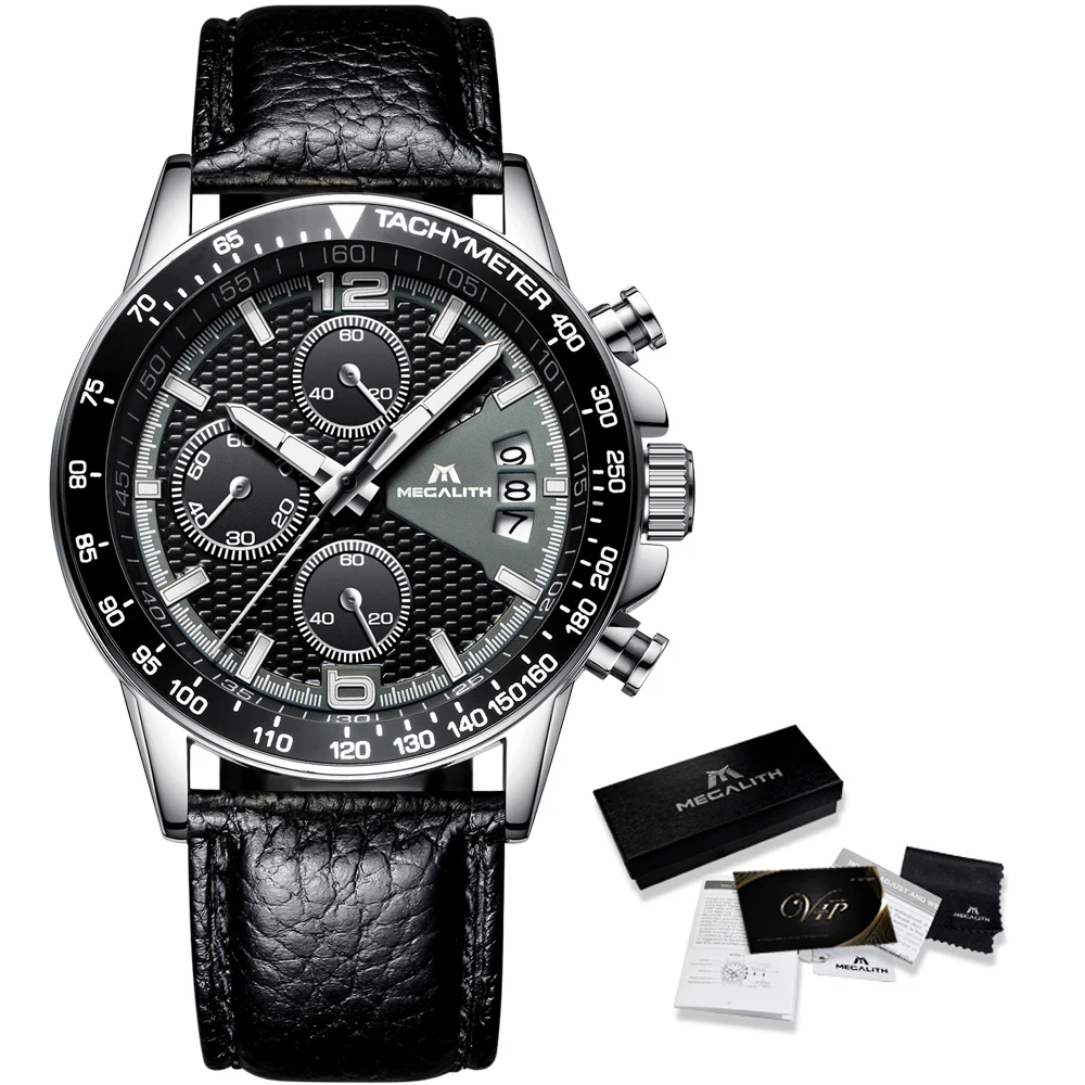 Часы MEGALITH мужские спортивные водонепроницаемые с кожаным ремешком и календарем |