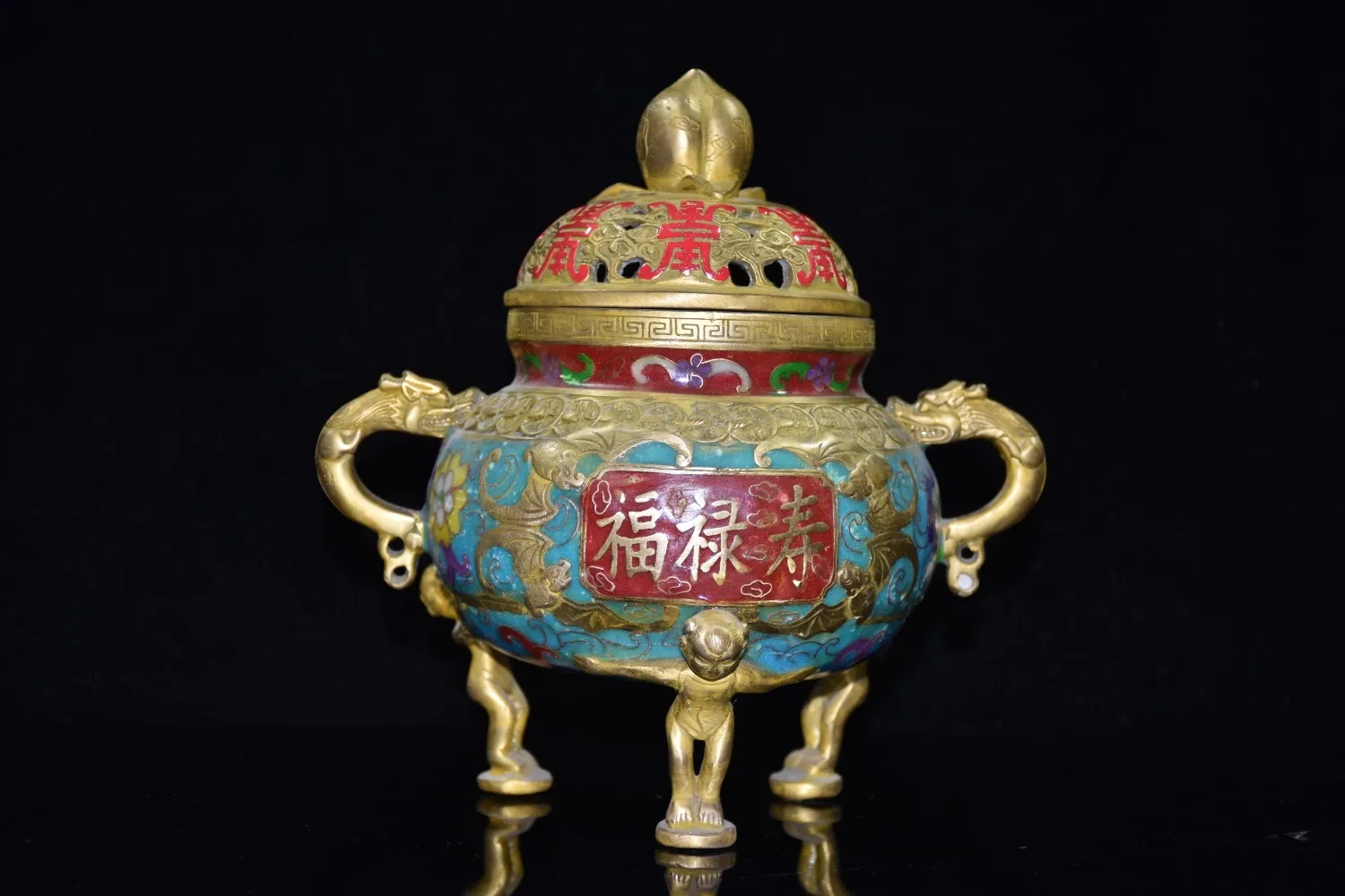 

8"Chinese Folk Collection Old Bronze Cloisonne Fu Lu Shou Binaural Three-legged incense burner Office Ornaments Town House