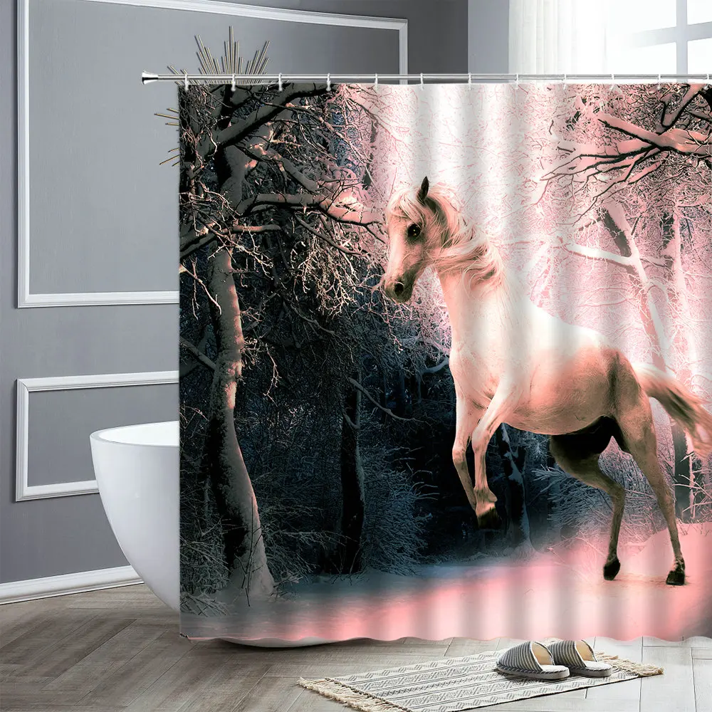 

Animal Shower Curtain Personality Horse Green Plant Snow Mountain Fabric Bathroom Curtains Bathtub Decor Screen Bath Accessories