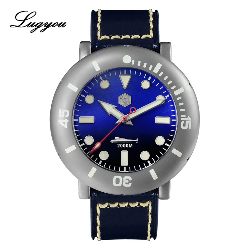 Mop blue Lugyou San Martin профессиональные мужские часы для дайвинга класса 5 из титана, водонепроницаемость 1000 метров, ремешок с синим кожаным ремешком - Цвет: Mop blue