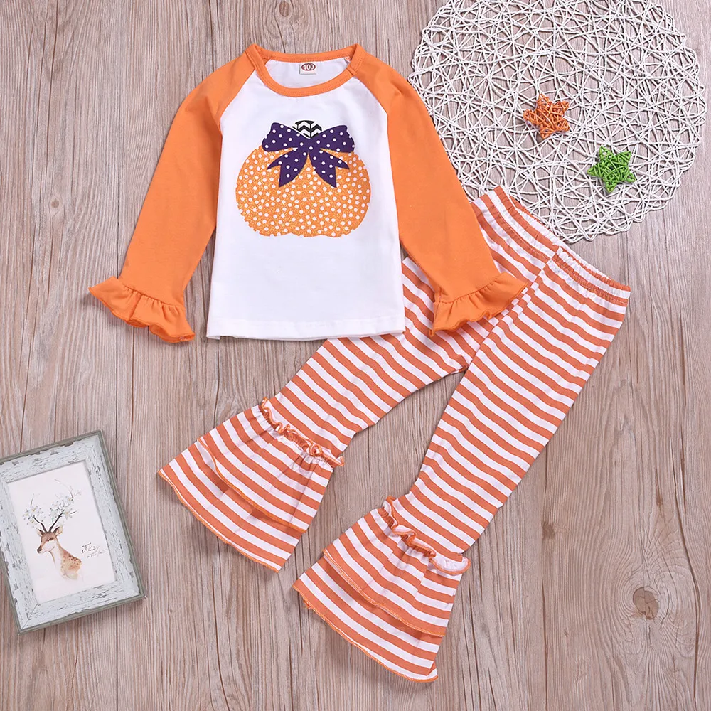 

Children's Pumpkin Stripe Print Flare Pants Set for Spring and Autumn Halloween Girls Outfits Romper Toddler Kids Clothing