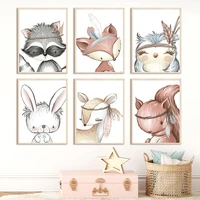 raccoon fox squirrel bird rabbit animal nursery nordic posters and prints wall art canvas painting wall pictures kids room decor