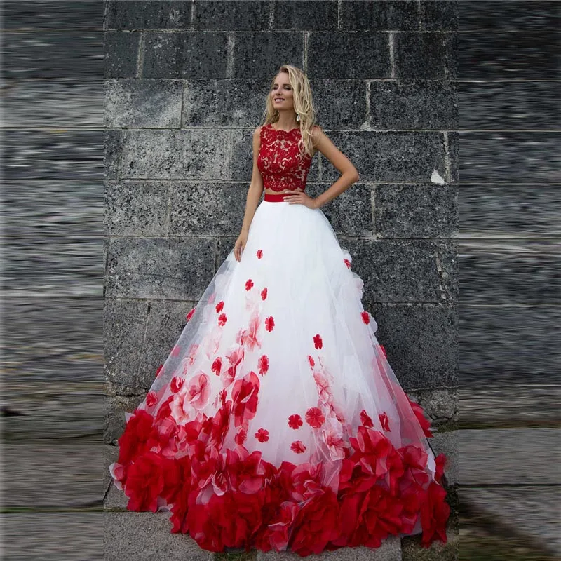 MoonlightShadow Unique Red Flower Wedding Dresses A-Line O-Neck Sleeveless Appliques Fluffy Bridal Gown Vestido de novia