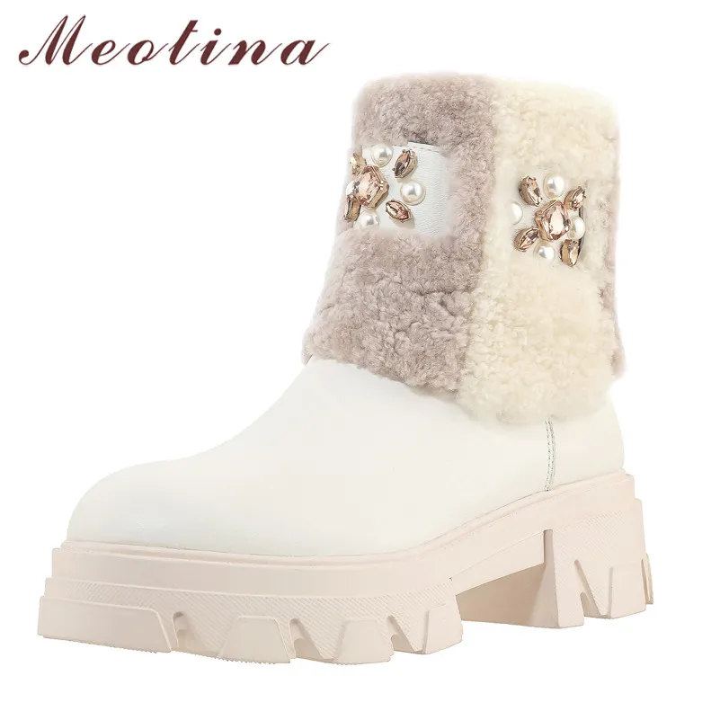 

Meotina Real Leather Natural Wool Platform High Heel Snow Boots Women Ankle Boots Shoes Crystal Thick Heels Zipper Short Boots