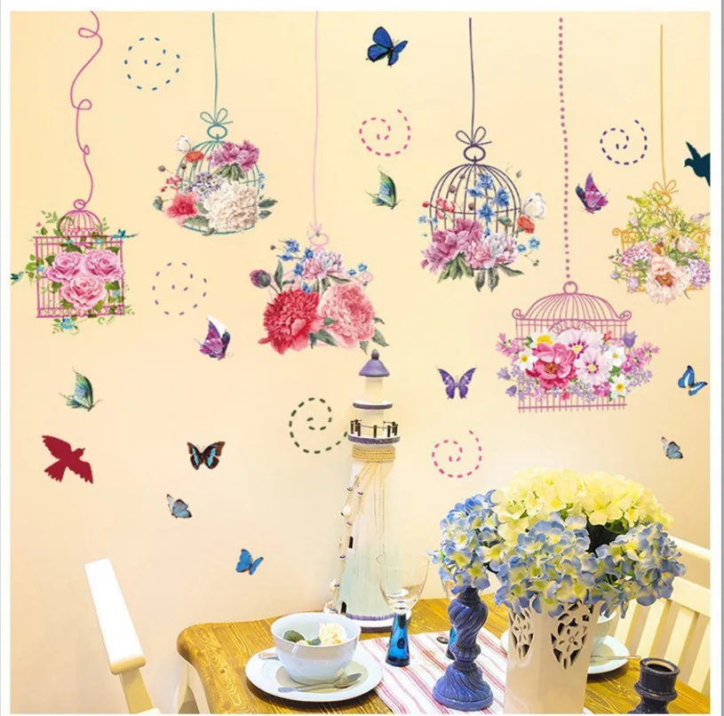 

New Warm Birdcage Colorful Flower Flying Wall Stickers For Living Room Wedding Room Nursery Home Decor Vinyl Wall Decals Mural