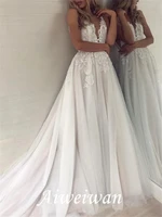 a line wedding dresses v neck sweep brush train lace tulle sleeveless sexy backless with embroidery 2021