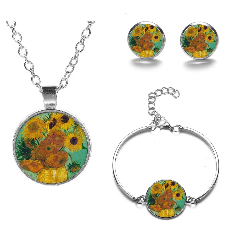 Classic Van Gogh The Starry Night Jewelry Sets Sunflower Art Photo Glass Pendant Necklace Earrings Bracelet Set For Women Gifts | Украшения