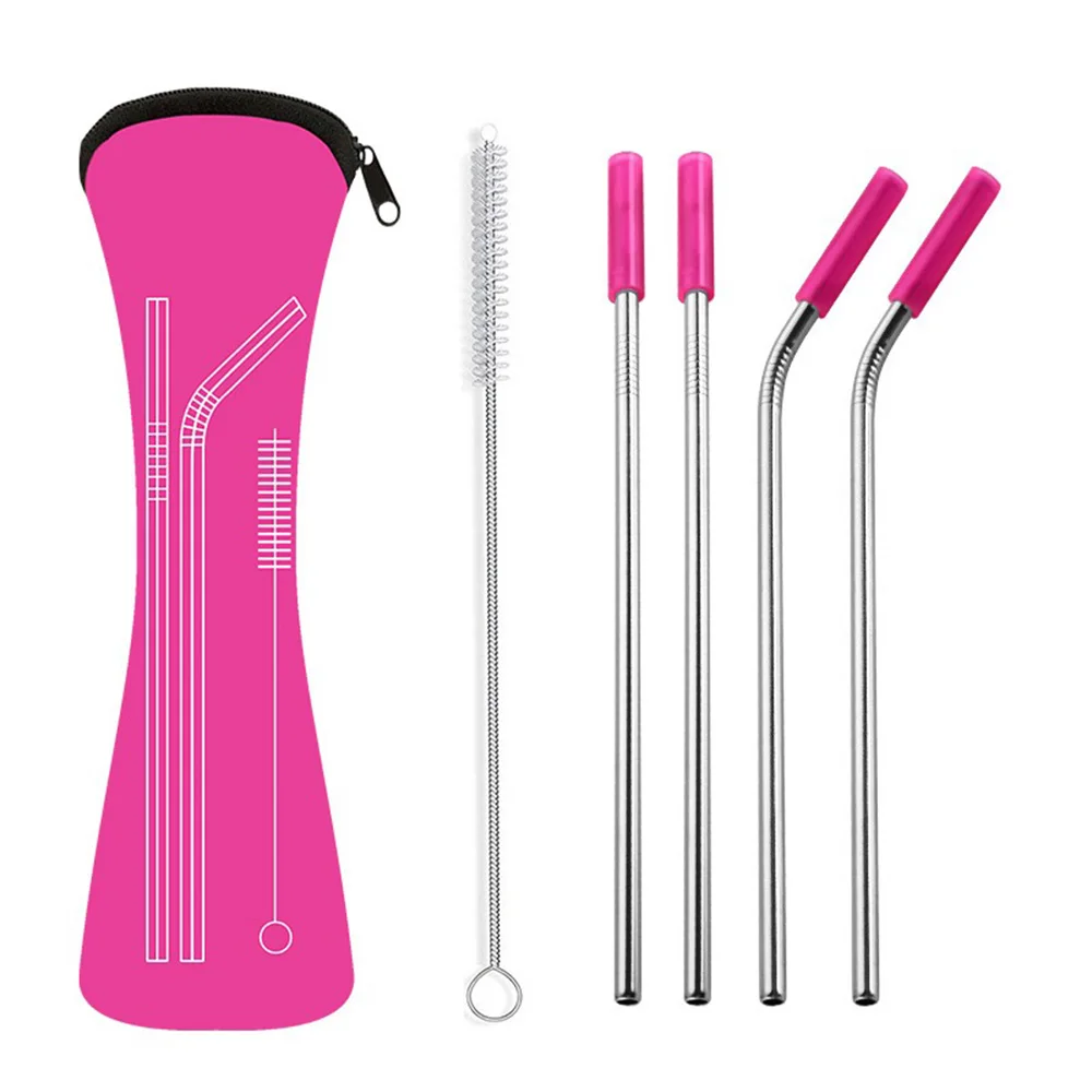 

6Pcs Colorful Reusable Stainless Steel Drinking Straws Brush Silicone Tips Cover Metal Straw With Bag