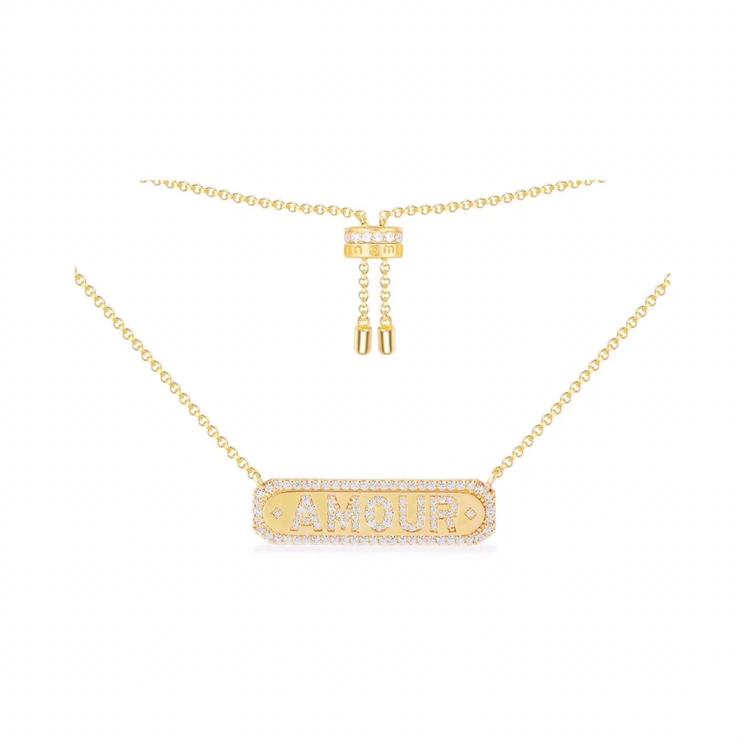 

UMGODLY Luxury High Quality Yellow Gold Color Letters AMOUR LOVE Adjustable Necklace Women Fashion Pendant Zirconia Jewelry