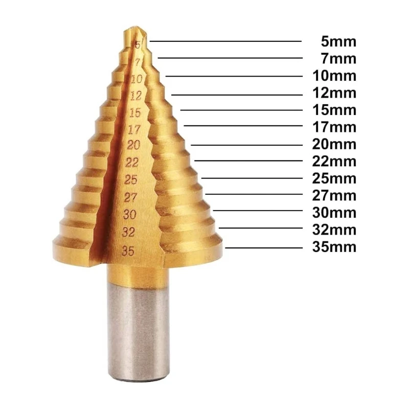 

Step Drill Bit 5-35mm Metric HSS Titanium Coated for Wood Metal Core Hole Drilling Round Shank Cutter Tool