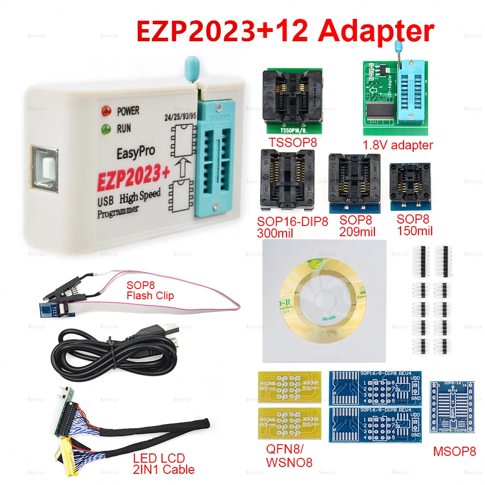 Оригинальный программатор Upmely EZP2023 USB SPI с 12 адаптерами Поддержка 24 25 93 95 EEPROM Flash Bios