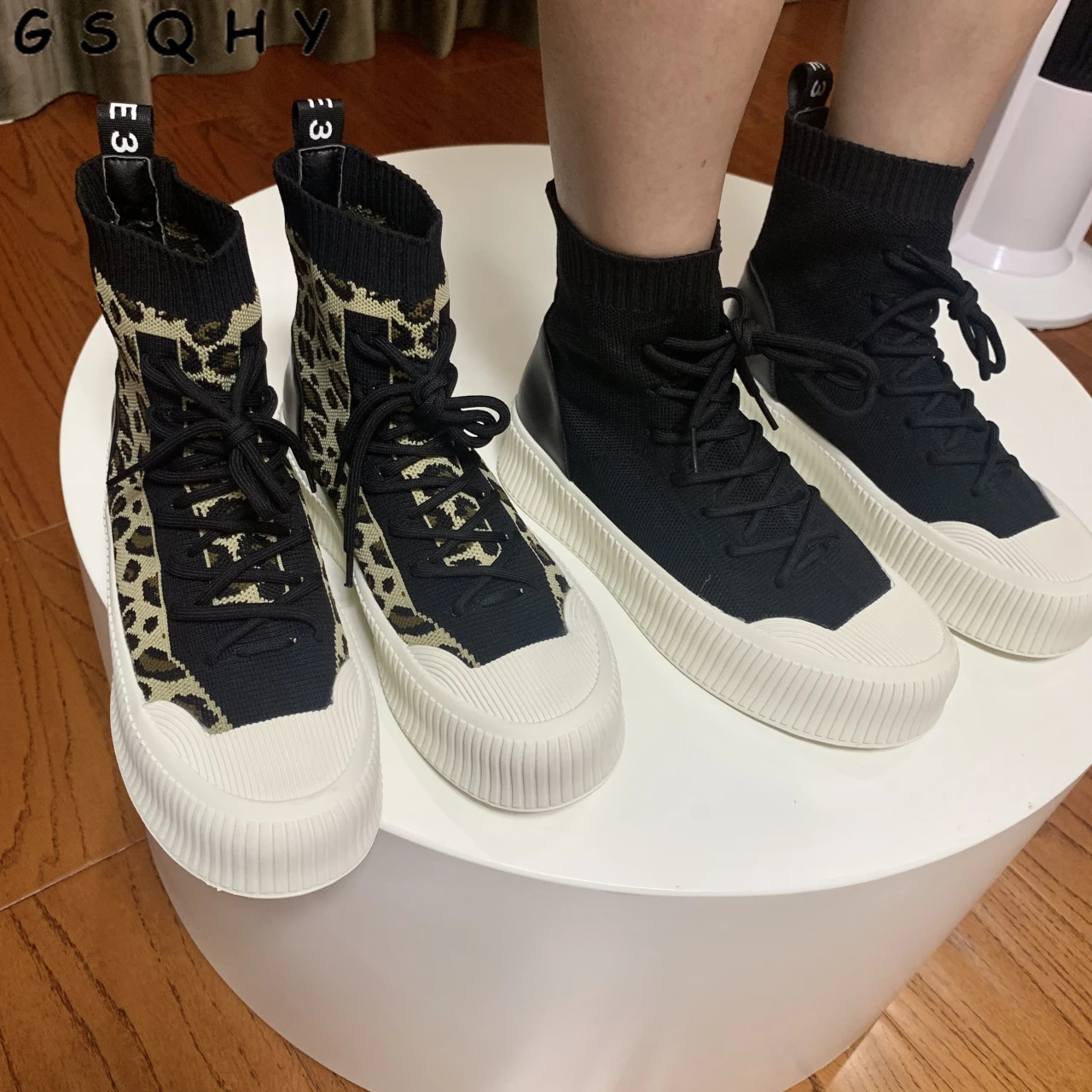 

2021 New High-top Knitted Women's Shoes Fashion Leopard Print with Lace-up Sports Comfortable and Breathable Women's Shoes