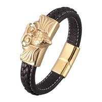 charmsmic new owl shape brown leather braided bracelets for men bangles gold stainless steel party jewelry male gifts sp0922