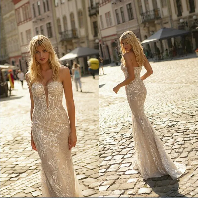 

2021 Wedding Dresses Sexy Sweetheart Lace Sequins Appliques Mermaid Bridal Gowns Custom Made Open Back Sweep Train Wedding Dress