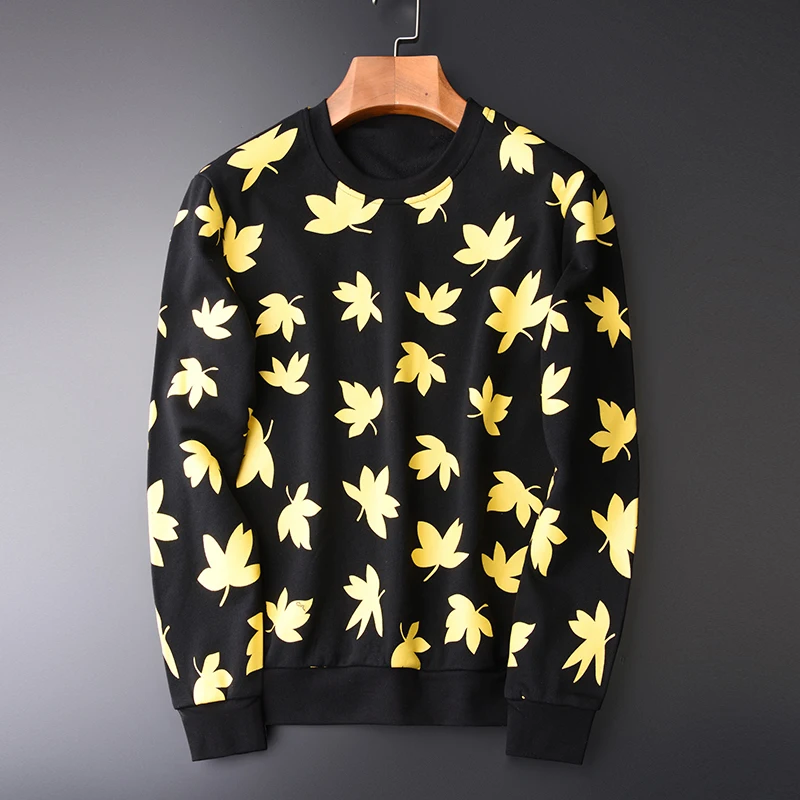 100% Cotton Sweatshirts Men Luxury Yellow Leaf Printed Round Collar Sweatshirt Male Plus Size 4xl Spring Mens Hoodies