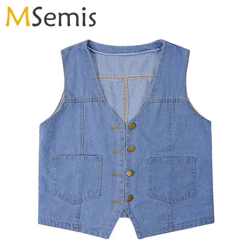 

Women Girls Fashion V Neck Button Loose Denim Vest Ladies Casual Cropped Short Coat Spring Autumn Sleeveless Vintage Jean Jacket