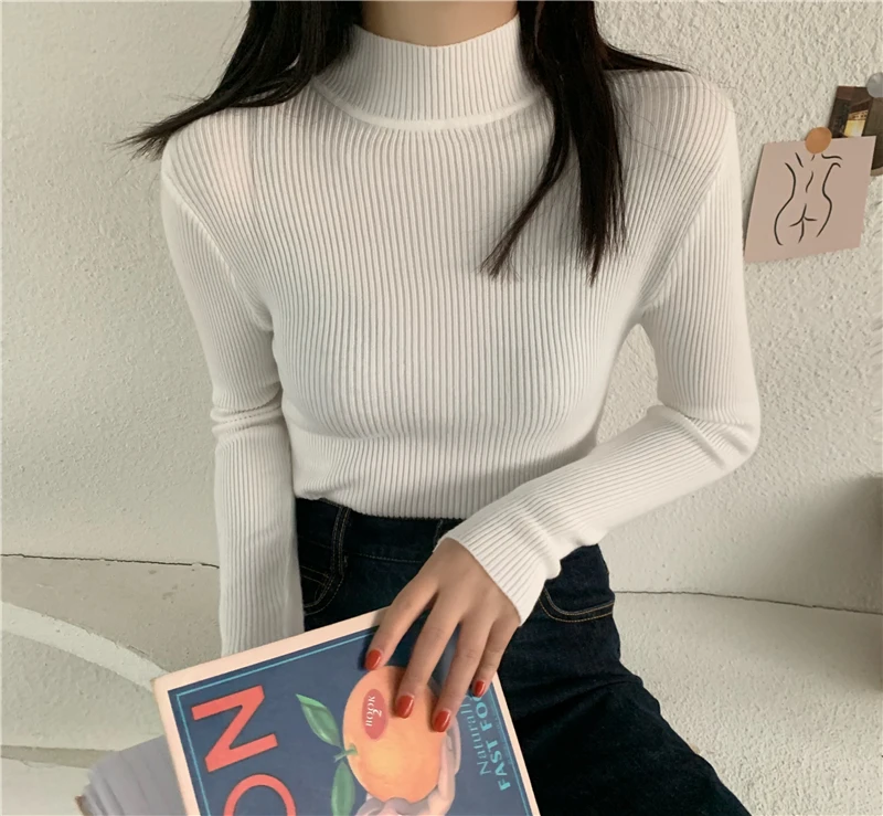 

2021 Spring Women long sleeve Turtleneck Elasticity Casual Jumper pull sweaters office pullover korean Female Top shirts