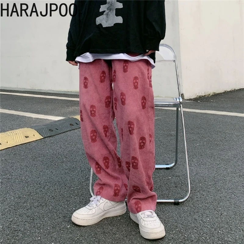 

Harajpoo Woman Pants Corduroy Autumn Retro High Waist Thin Straight Wide Leg Casual Pants Trend Printing Baggy Trousers Ins Tide
