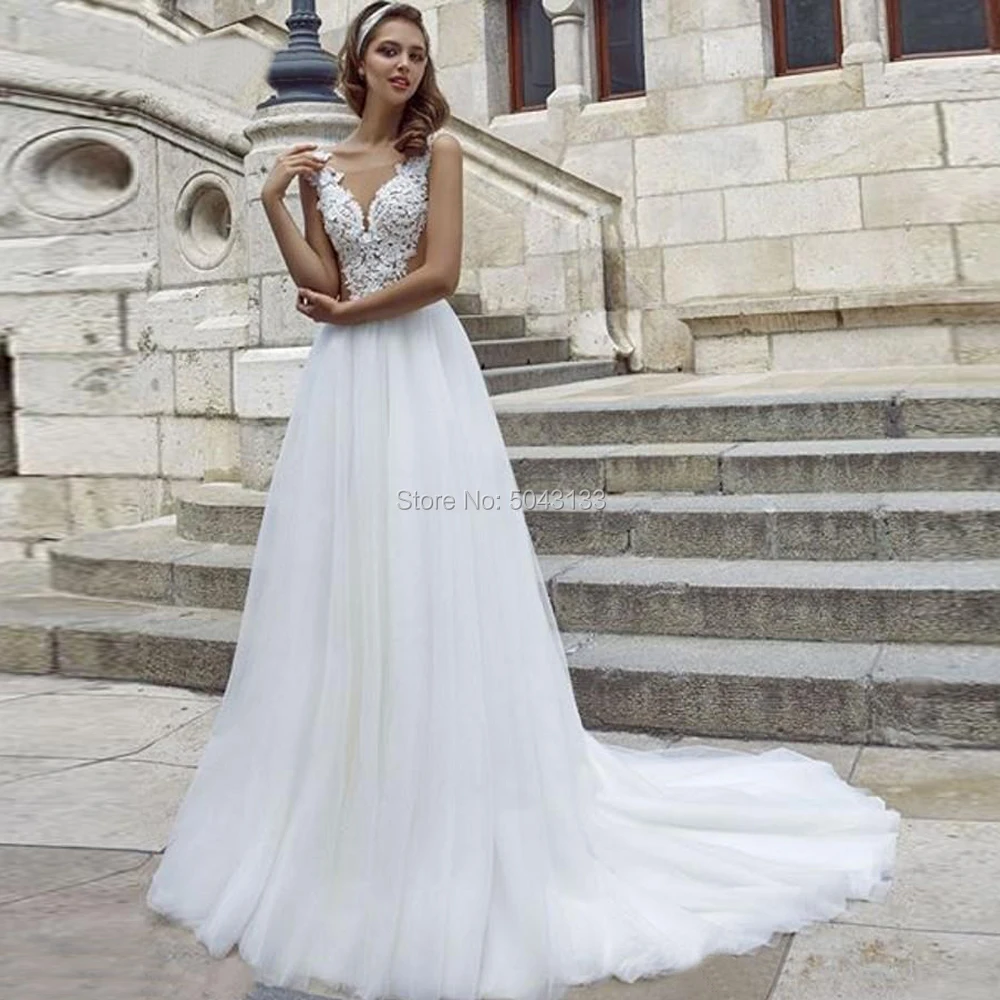 Кружевные трапециевидные Свадебные платья с V образным вырезом аппликациями