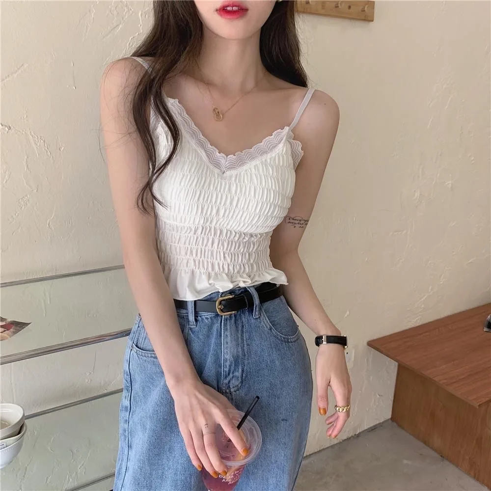 

Women Summer Solid Cami Tube Top Lace Ruched Pleated Crop Top Female Sexy Bustier Tees Tank Tops Bustier Camisole Y2k Fashion