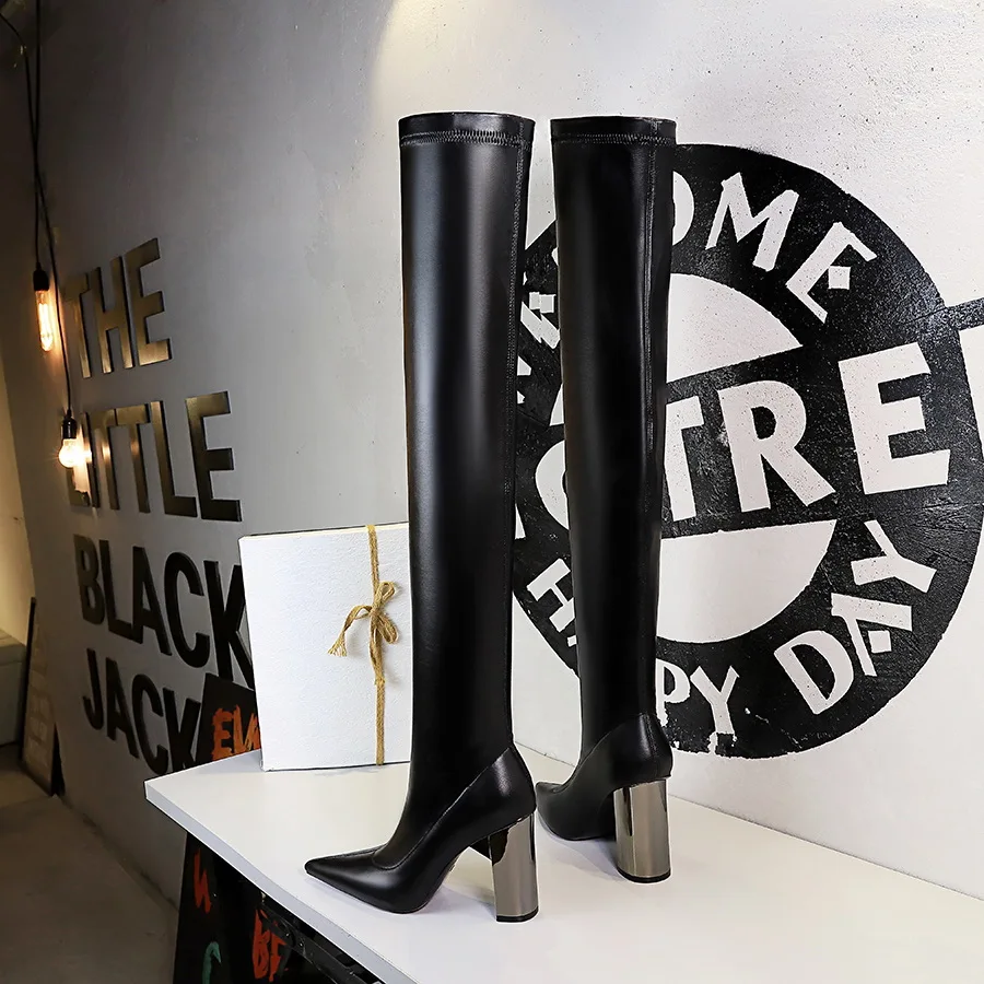 BIGTREE Women Black PU Leather Over-the-knee Boots Metal Square Heel Heels Shoes Sexy Pointed Toe Ladies Motorcycle Booties