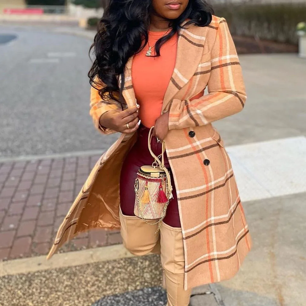 

Overcoat Lattice Hollow Out Thicken Warm New Women Lapel Long Sleeve Double Breasted Autumn Winter Fashion Temperament African
