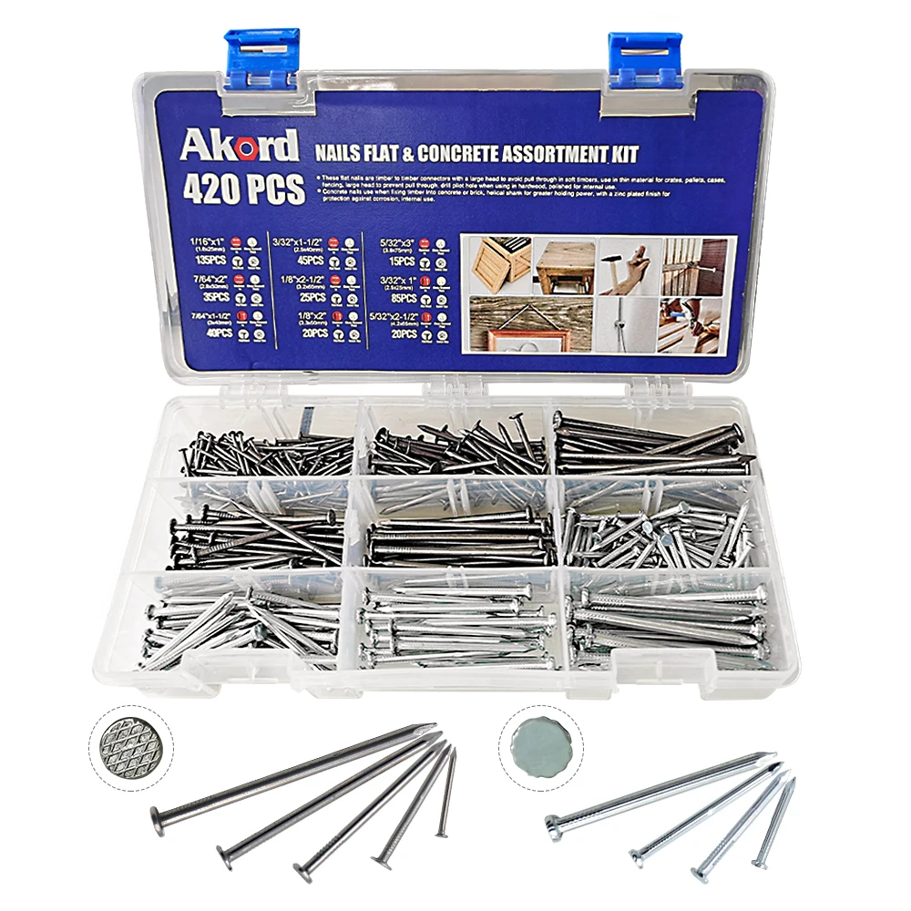 

AKORD 420 шт. плоские гвозди, бетонные гвозди для мебели, здания, обивки, кирпича, гипсокартона, тонкий деревянный материал, набор креплений для х...
