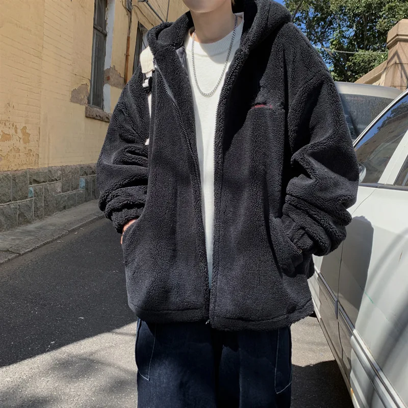 Winter Coat Men's Korean Fashion Loose-fitting Lamb Wool Plus Fleece Hooded Cotton Coat Harajuku Mens Winter Jackets and Coats