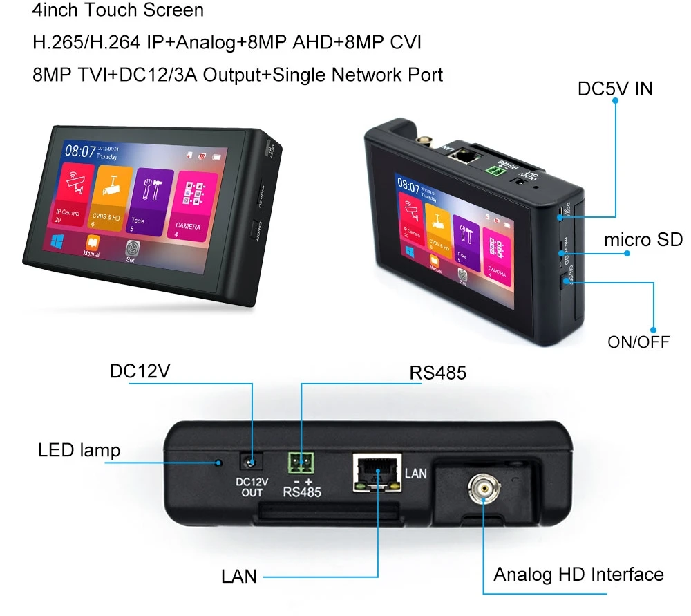 4 дюйма H.265 4 к 5 в 1 HD IP CCTV тестер монитор AHD CVBS CVI TVI камера тестер 8MP 5MP UTP тестер wifi ONVIF POE 12 В выход